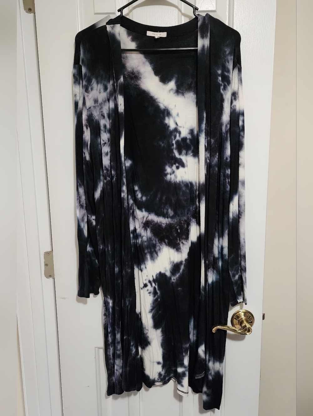 Black & White Tie-Dye Long Open Cardigan Large